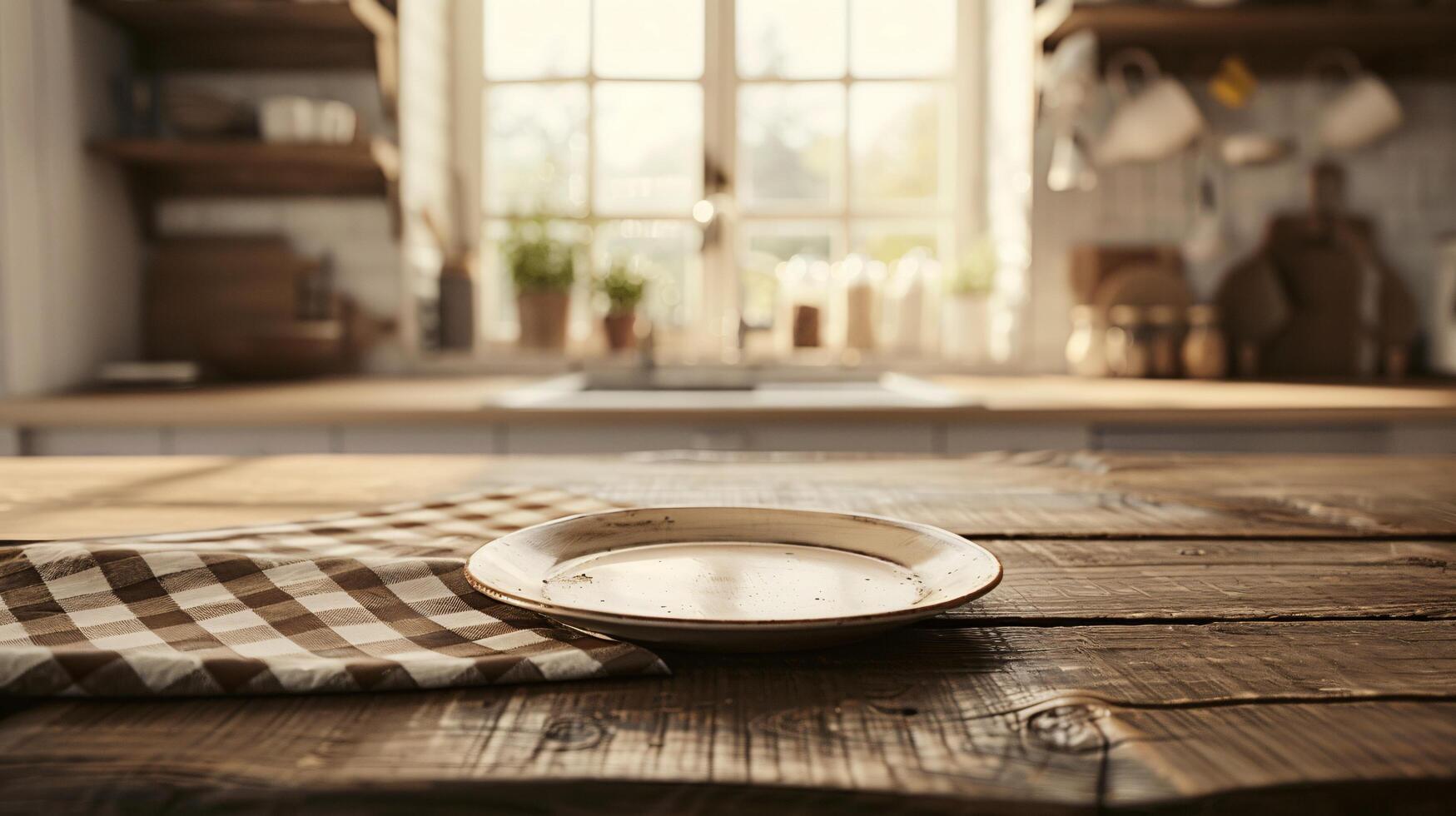 Rustic Kitchen Mornin. A Cozy Scene of an Empty Plate on a Wooden Table with a Checkered Cloth, Overlooking a Sunlit, Blurred Window View photo