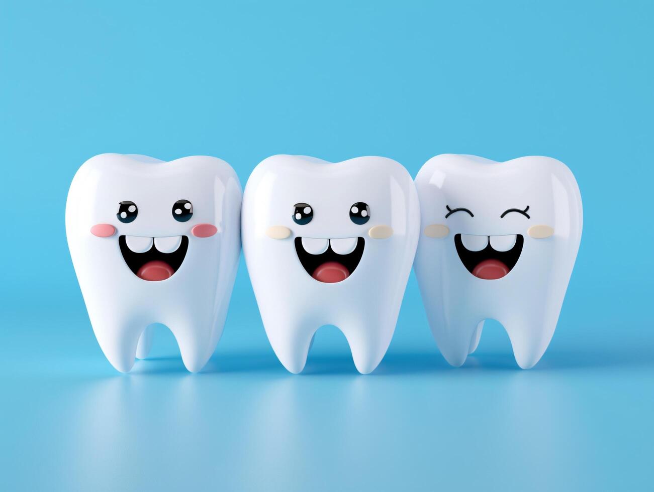 Adorable Cartoon Trio Three Humanoid Teeth with Lifelike Expressions Smiling Cheerfully Against a Vibrant Blue Background, Capturing a Cute and Playful Dental-Themed Design. photo