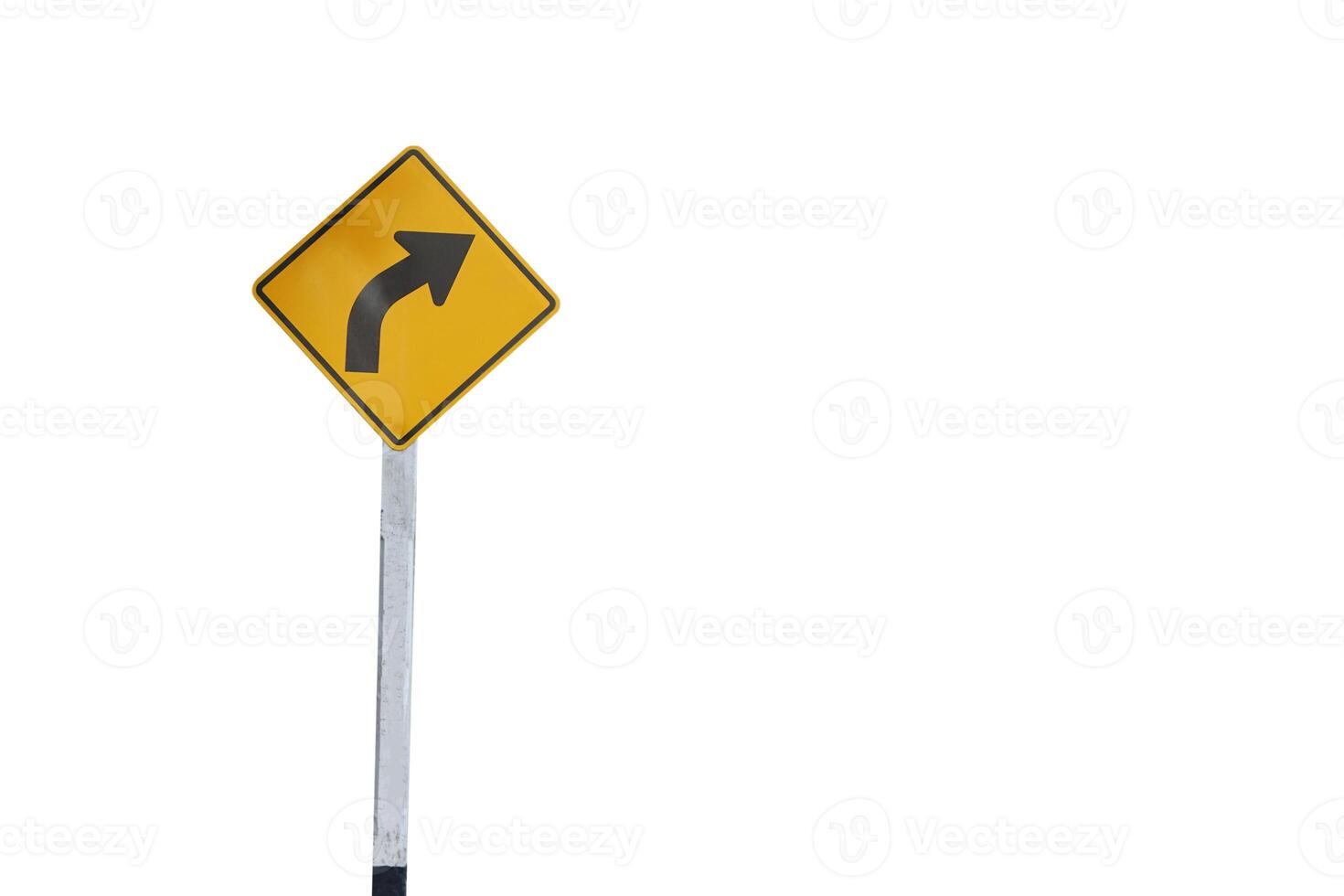 Curved road traffic yellow sign. Warning attention sign Right Winding Road. White background. Concept, Warning traffic sign for giving direction for transportation and way to go. photo