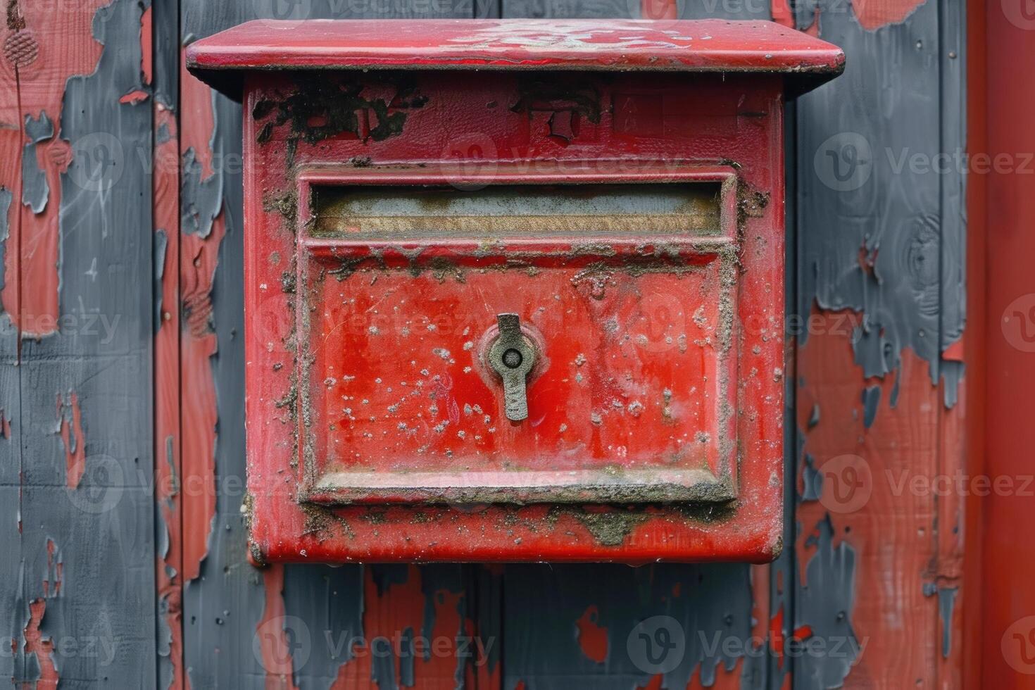 Old red mailbox hanging on a wooden wall showing signs of aging photo