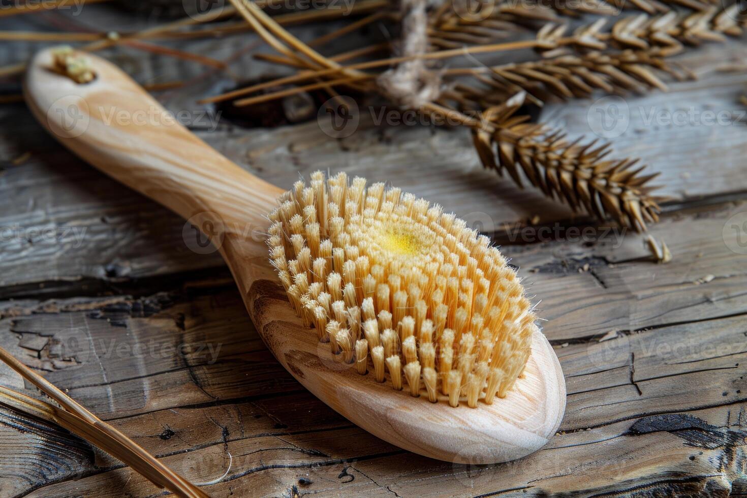 Natural olive wood bath brush lying on rustic wooden background with dried plants photo