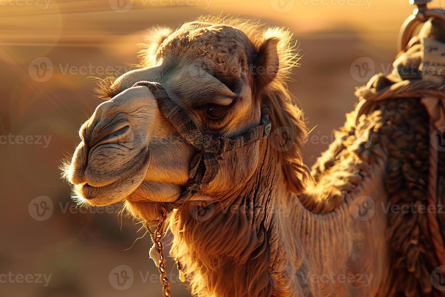 Dromedary camel wearing a traditional harness posing in the desert at sunset photo