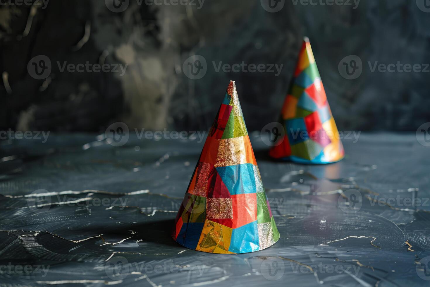 Two colorful party hats celebrating on a textured background photo