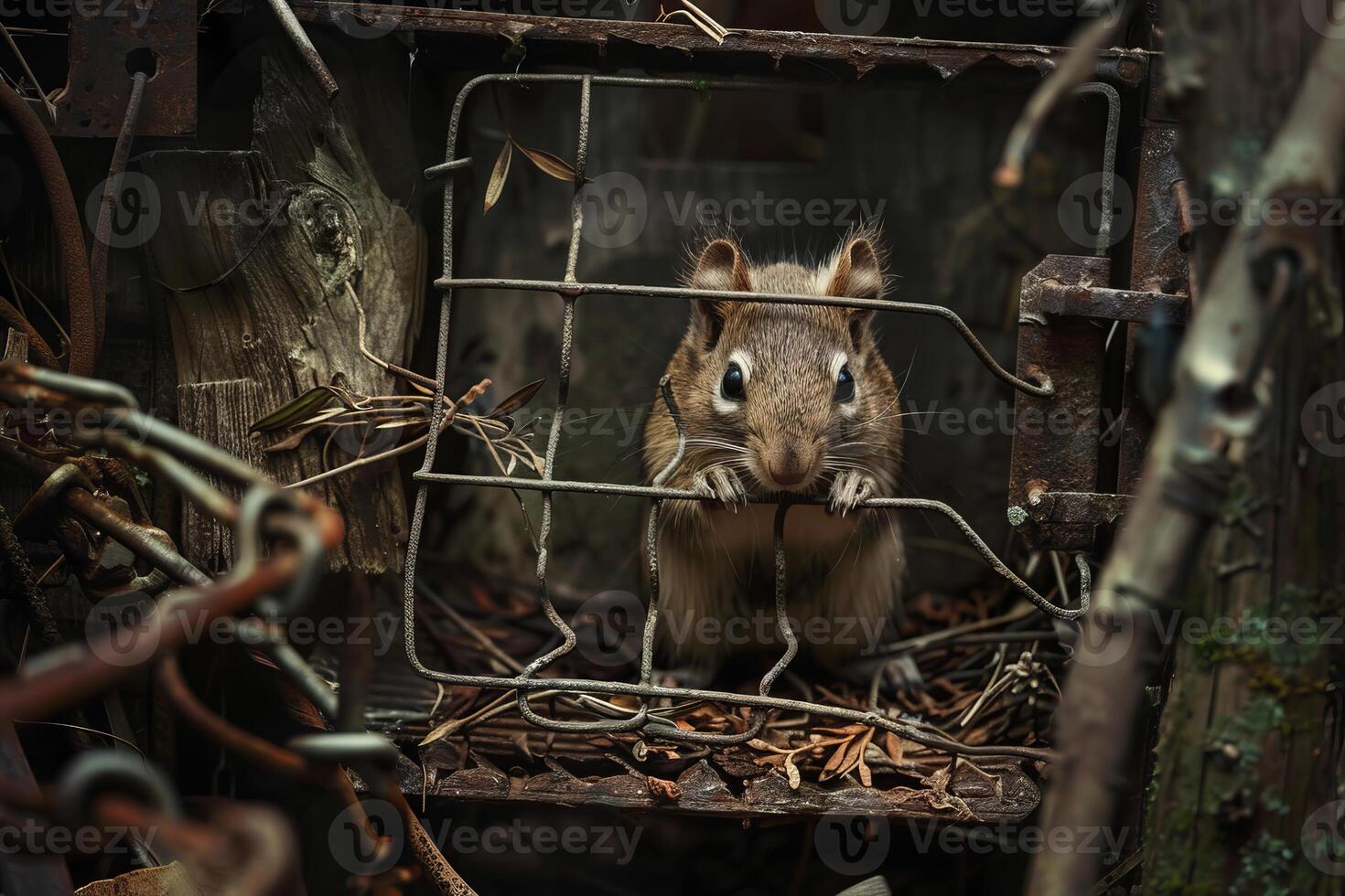 Wild chipmunk trapped inside dirty rusty cage photo