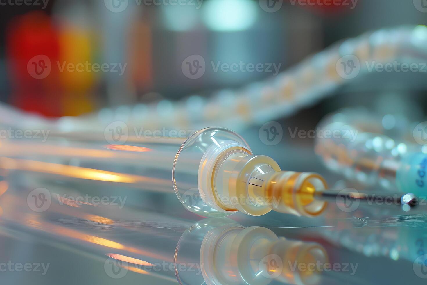 Glass syringe laying on table in medical laboratory setting photo