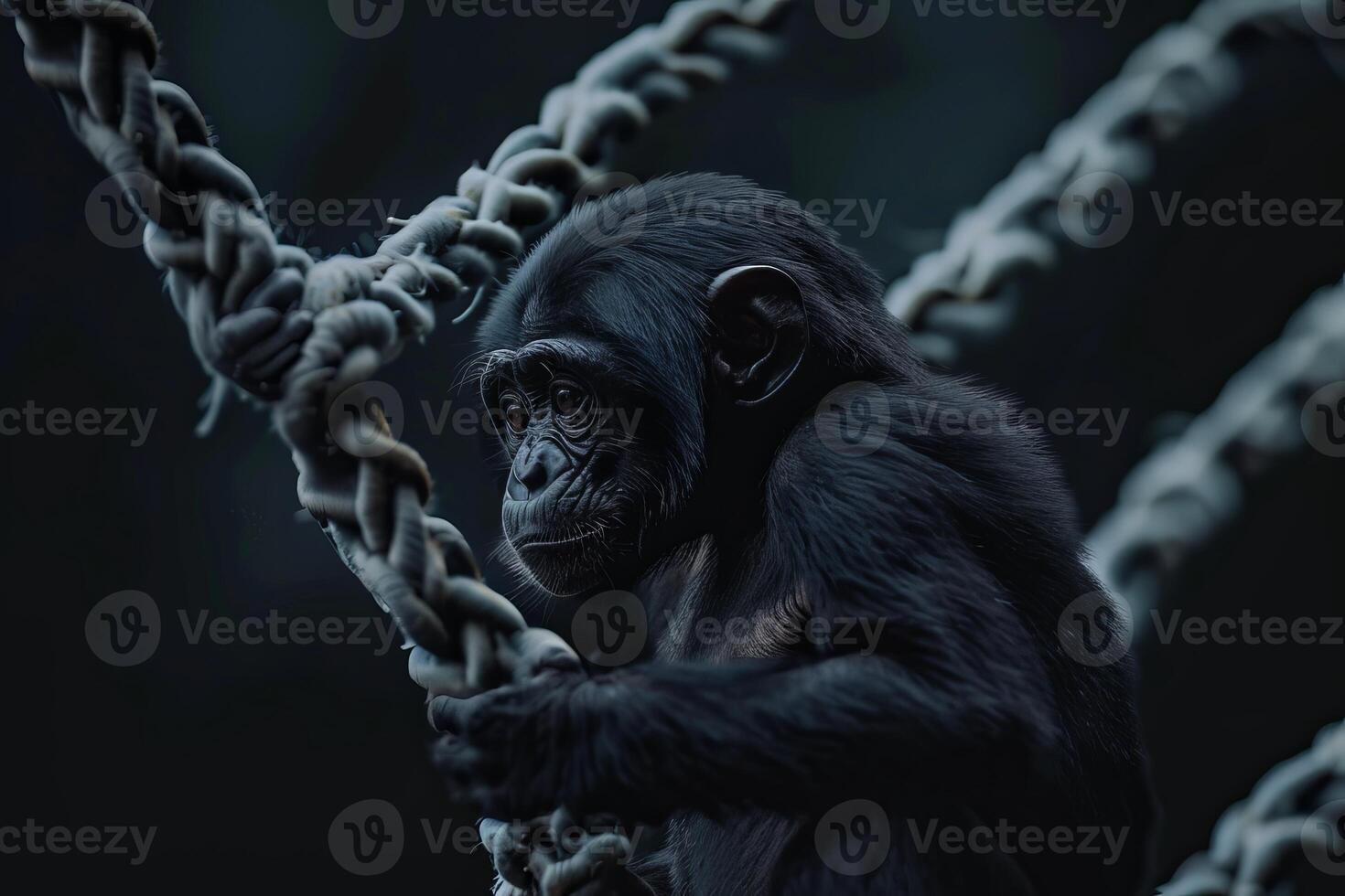 Young bonobo hanging on a chain looking thoughtful photo