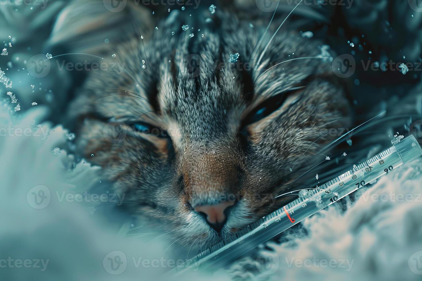 Sick tabby cat is lying in bed near thermometer with fever photo