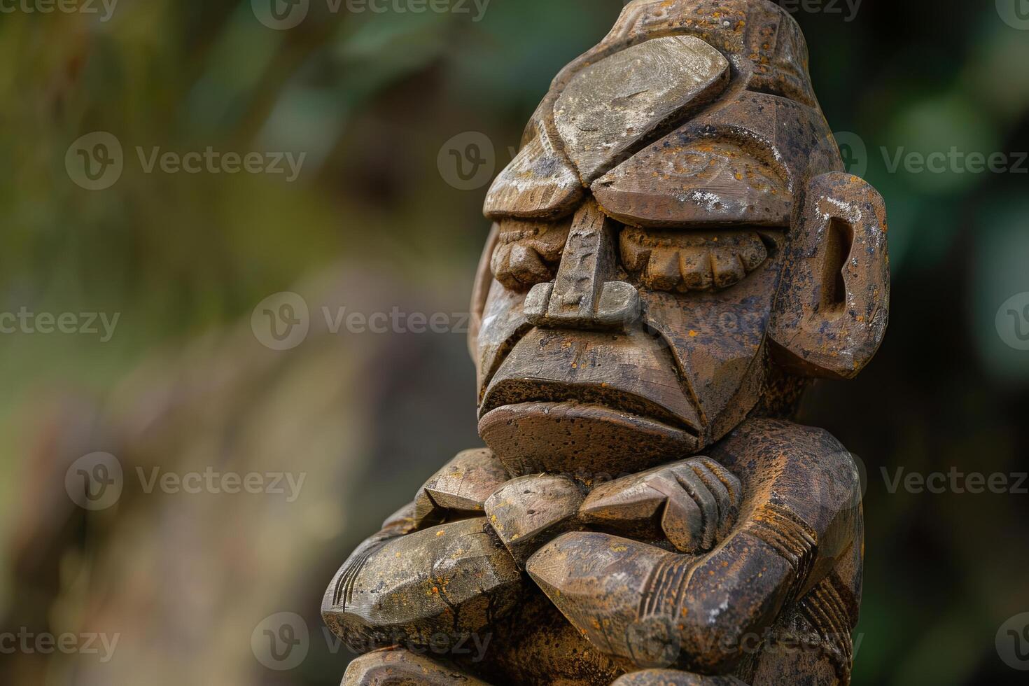 Wooden idol statue sitting with arms crossed and blurred background photo
