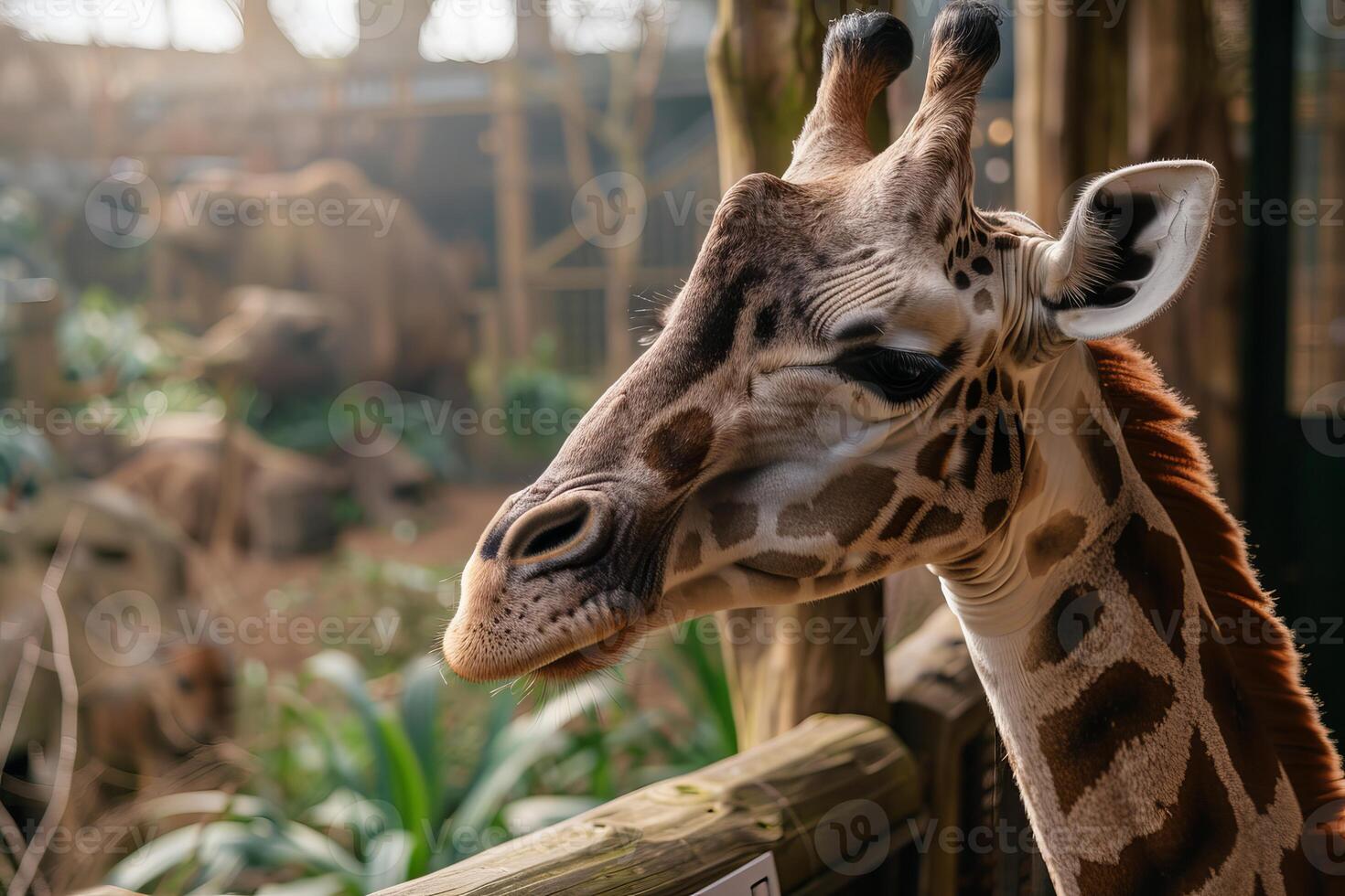 Giraffe standing tall and looking into the distance at the zoo photo
