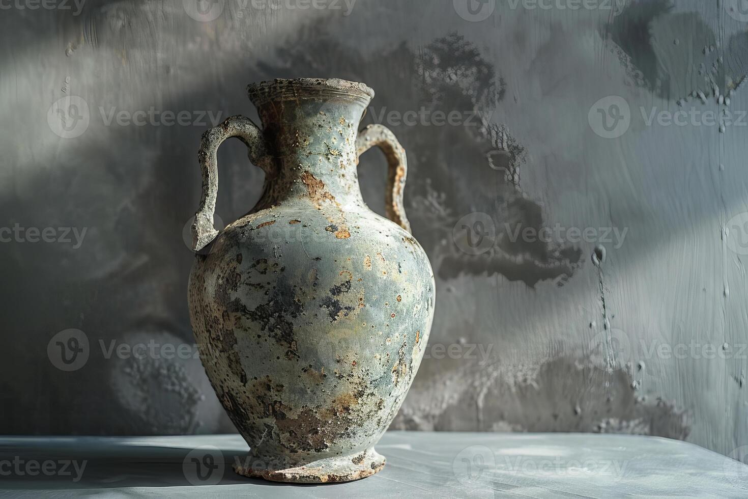 Ancient amphora standing on a table is showing the signs of time passing by photo