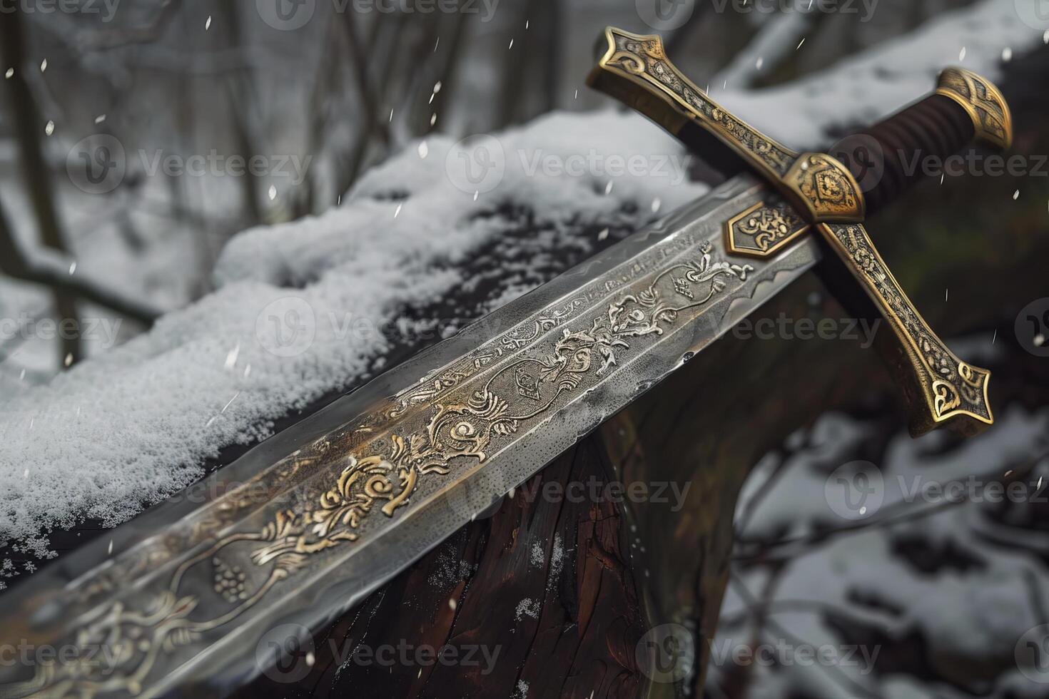 Ornate medieval sword lying on snowy log in winter forest photo