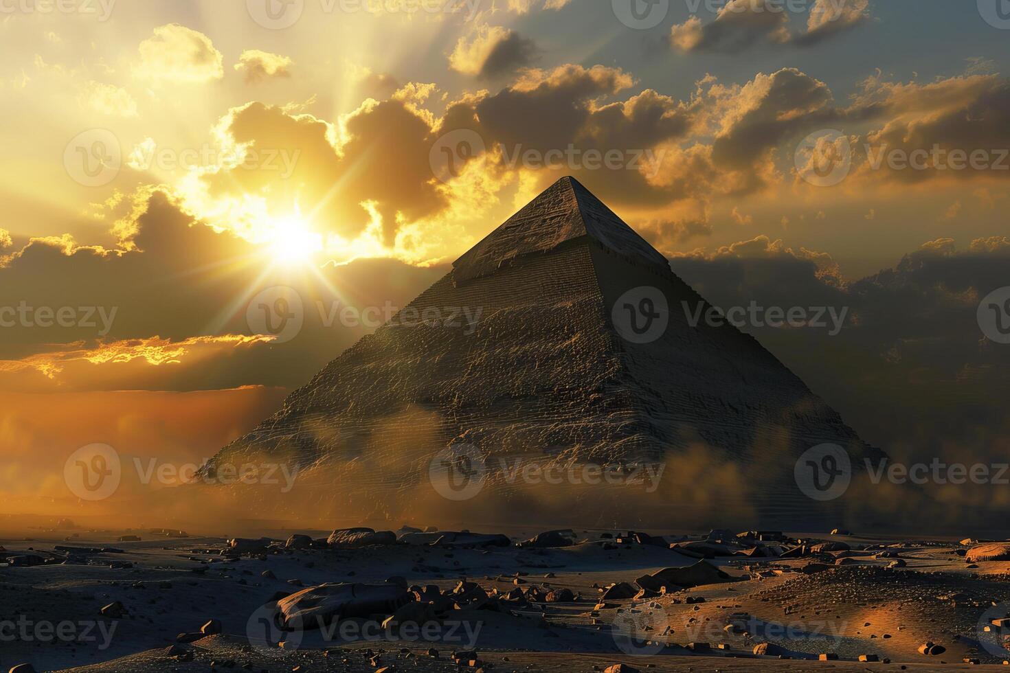 The sun setting behind a majestic pyramid in the desert photo
