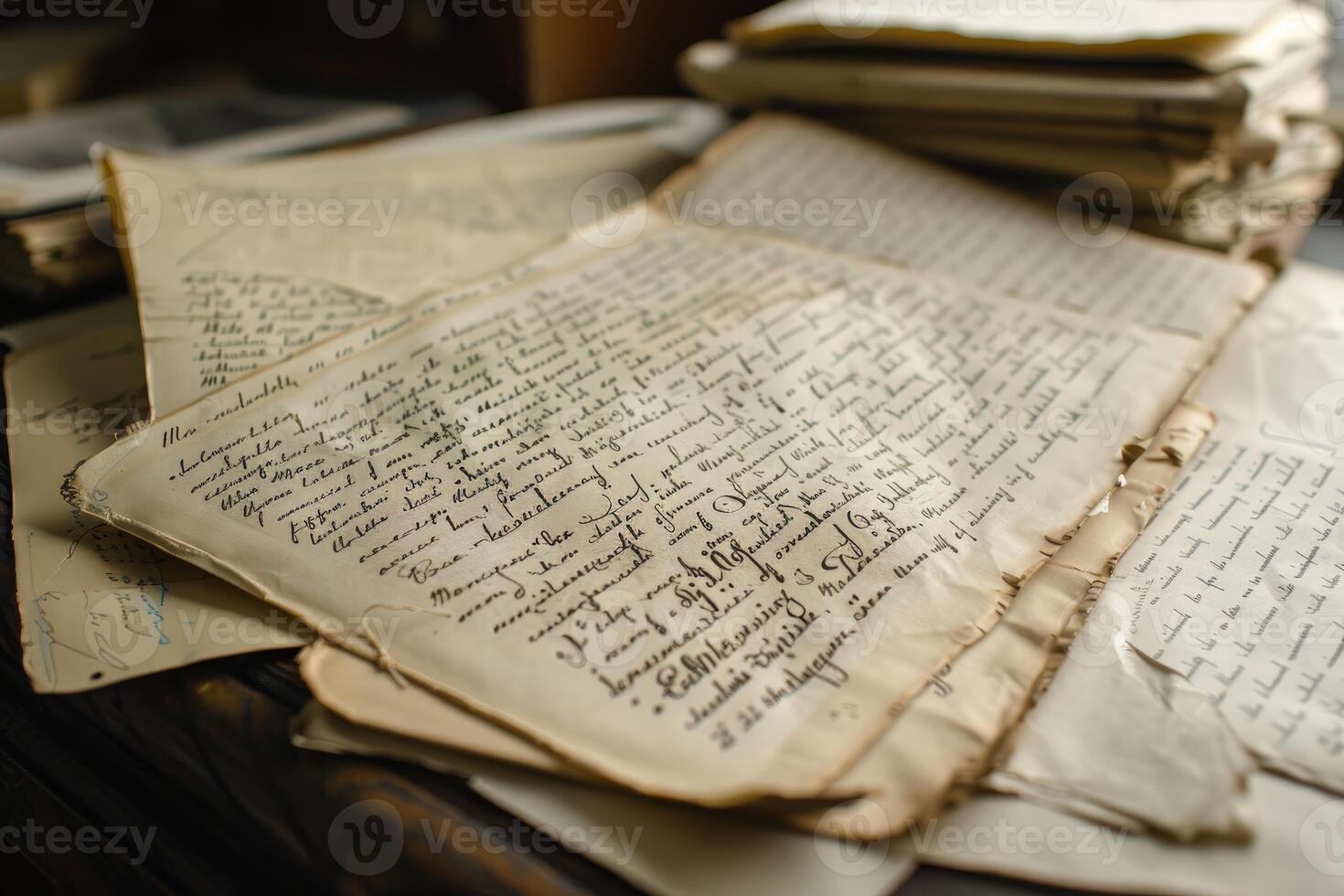 Old handwritten letters with feather pen creating nostalgic atmosphere photo