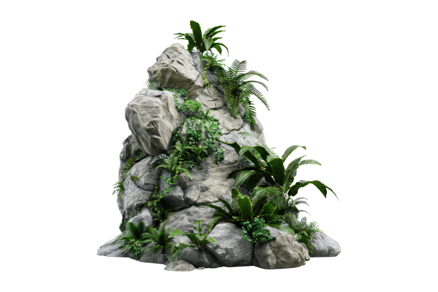 Rocks with green foliage and plants isolated on transparent background. png