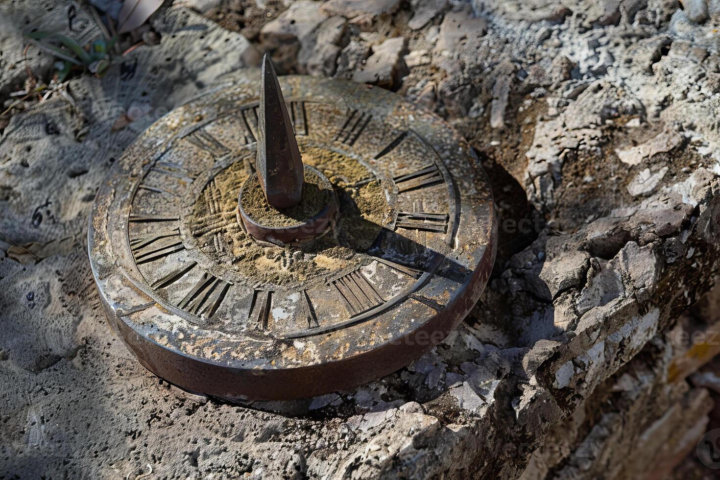 Ancient sundial casting shadow on stone surface telling time photo