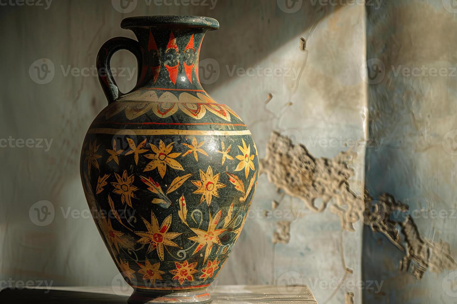 Ancient greek vase standing on a stone in front of a wall photo