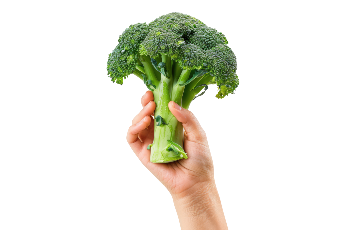 Female hand holding broccoli isolated on transparent background. png