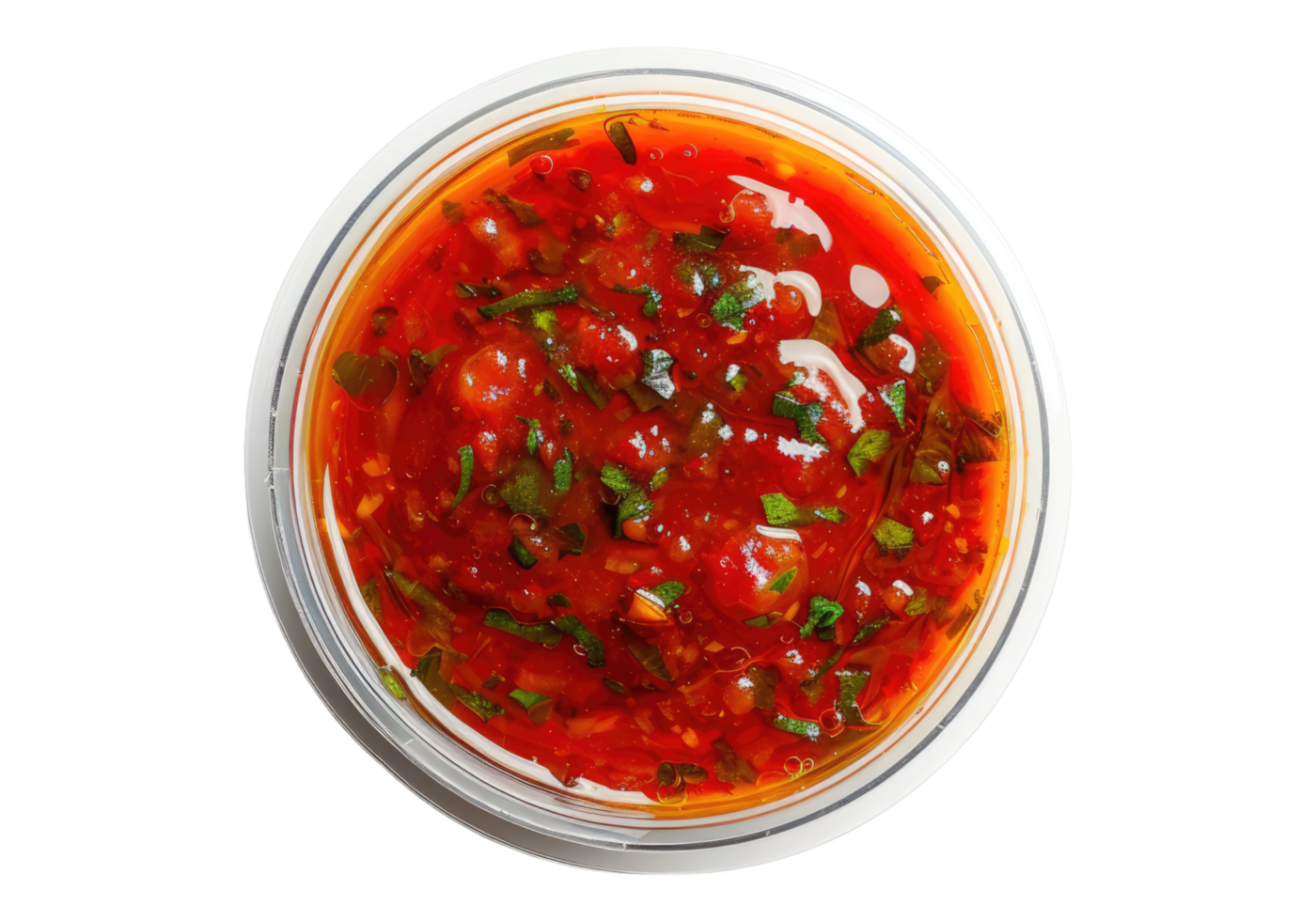 Top view of red sauce packaged in plastic packing isolated on transparent background png