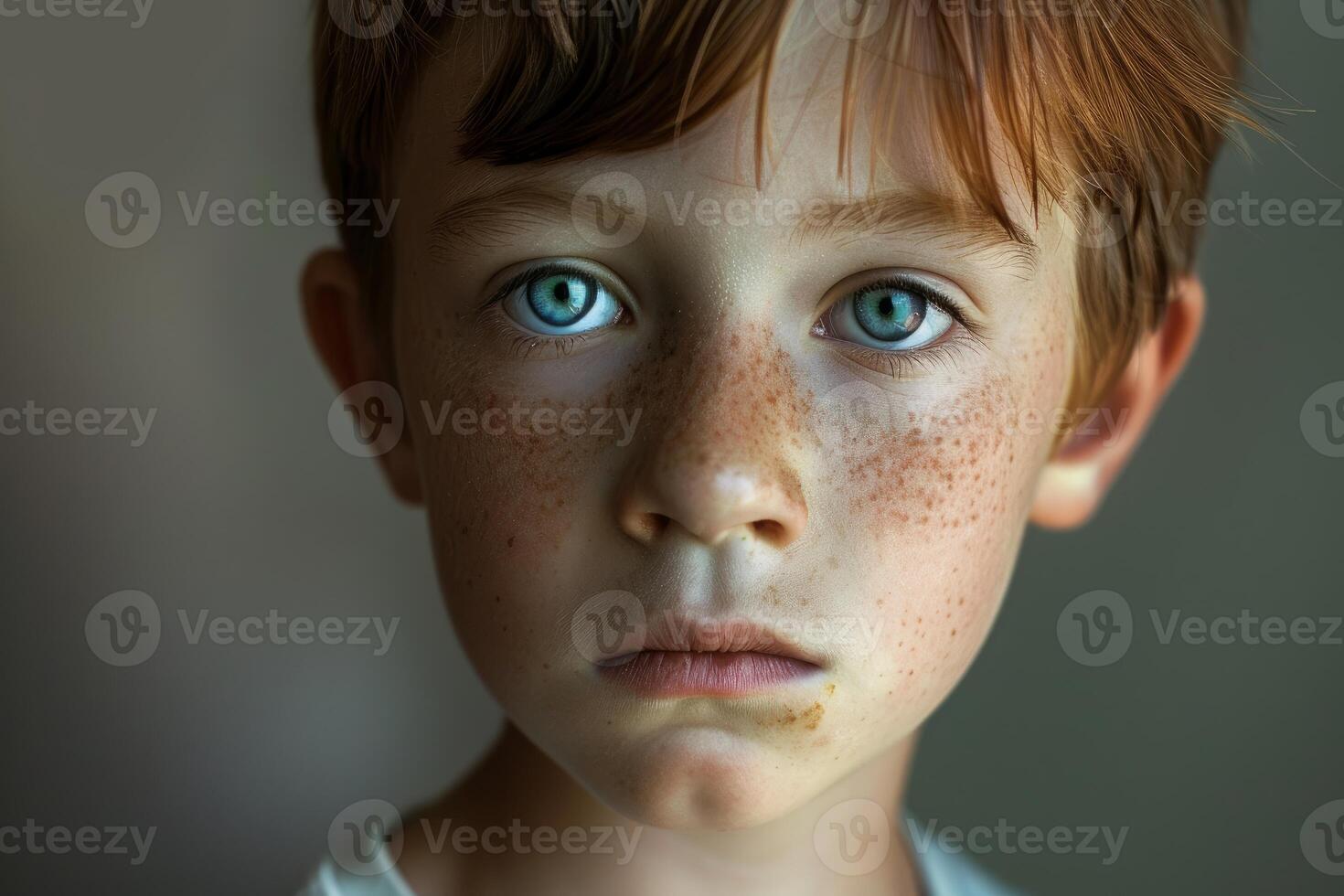 Portrait of young redhead boy with freckles making serious expression photo