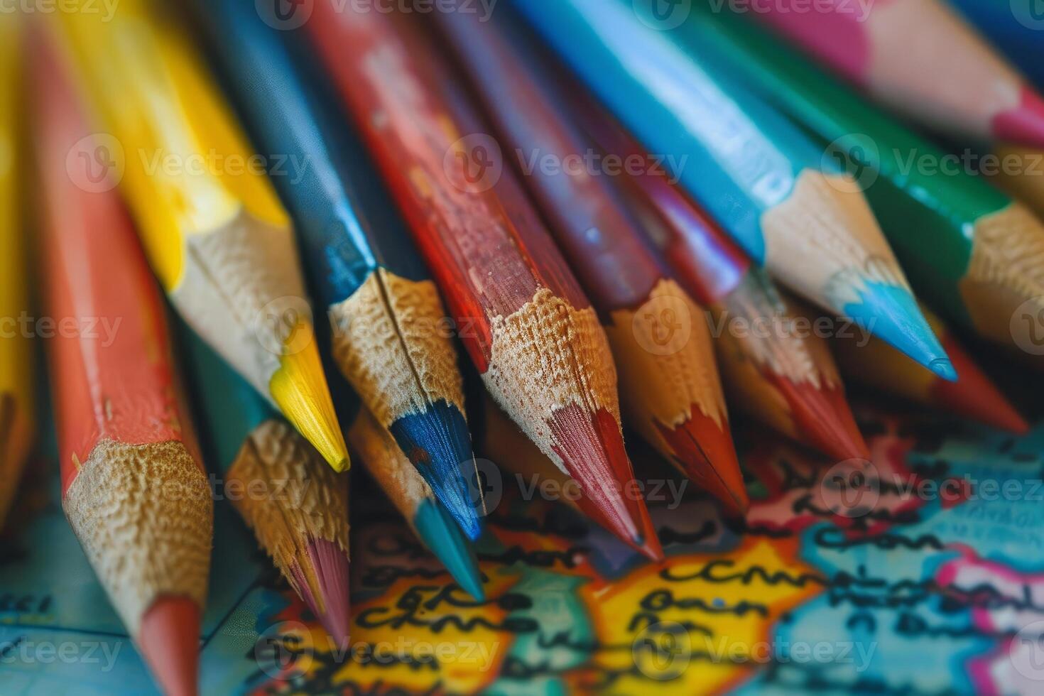 Colorful pencils forming a circle on a blurred world map photo