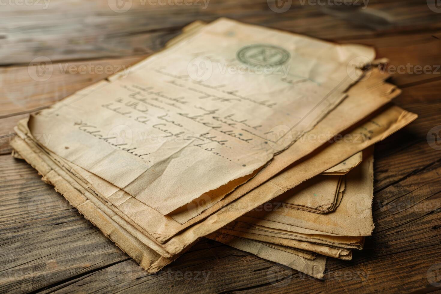 Stack of old papers with handwriting lying on a wooden table photo