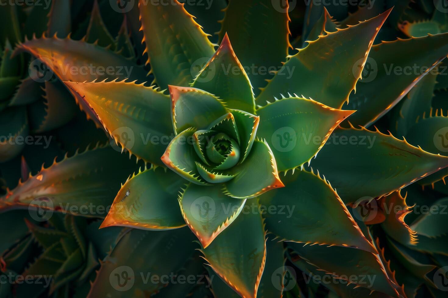 Aloe vera plant growing with spikes on green leaves photo