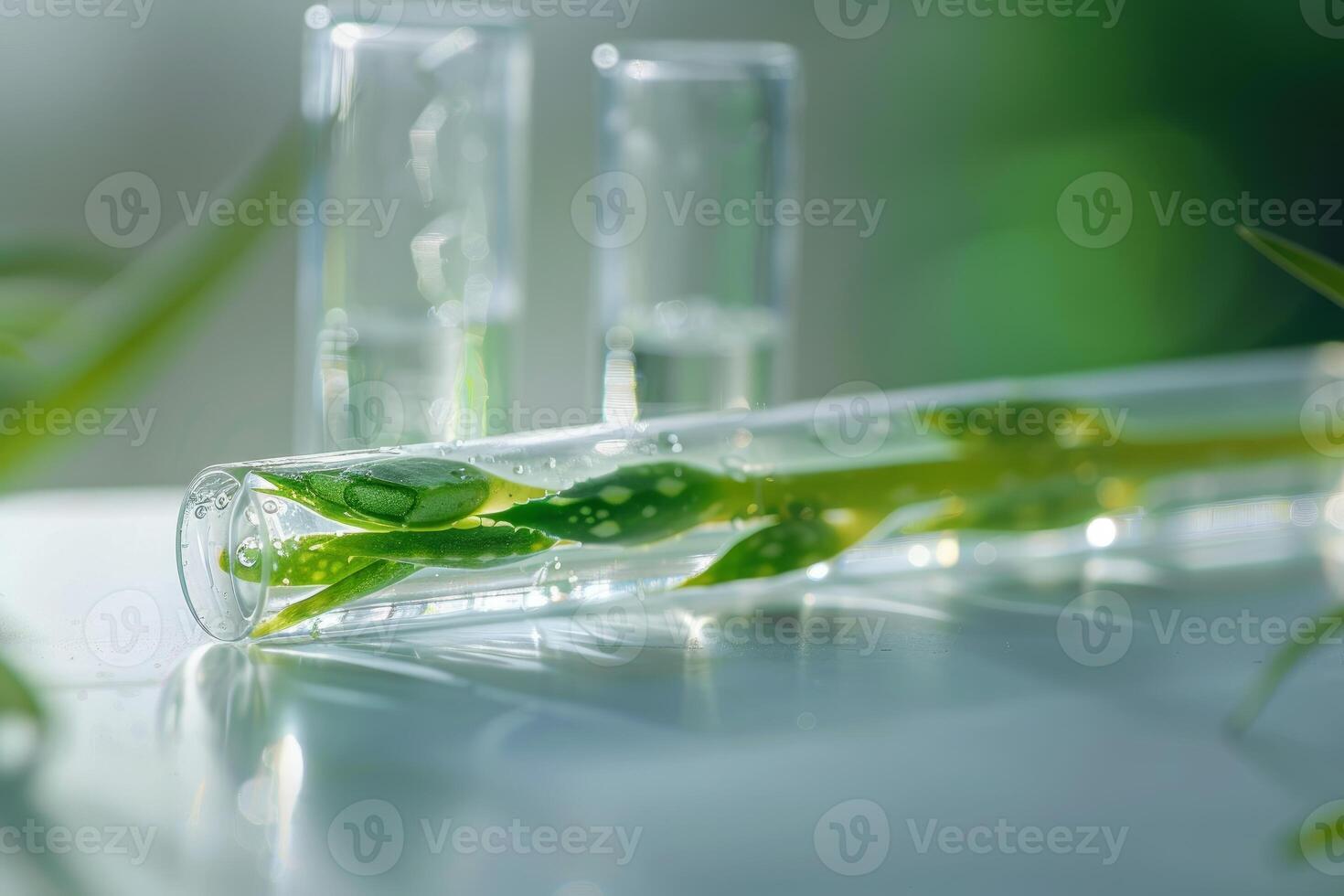 Scientist analyzing aloe vera leaves in laboratory for organic cosmetics photo