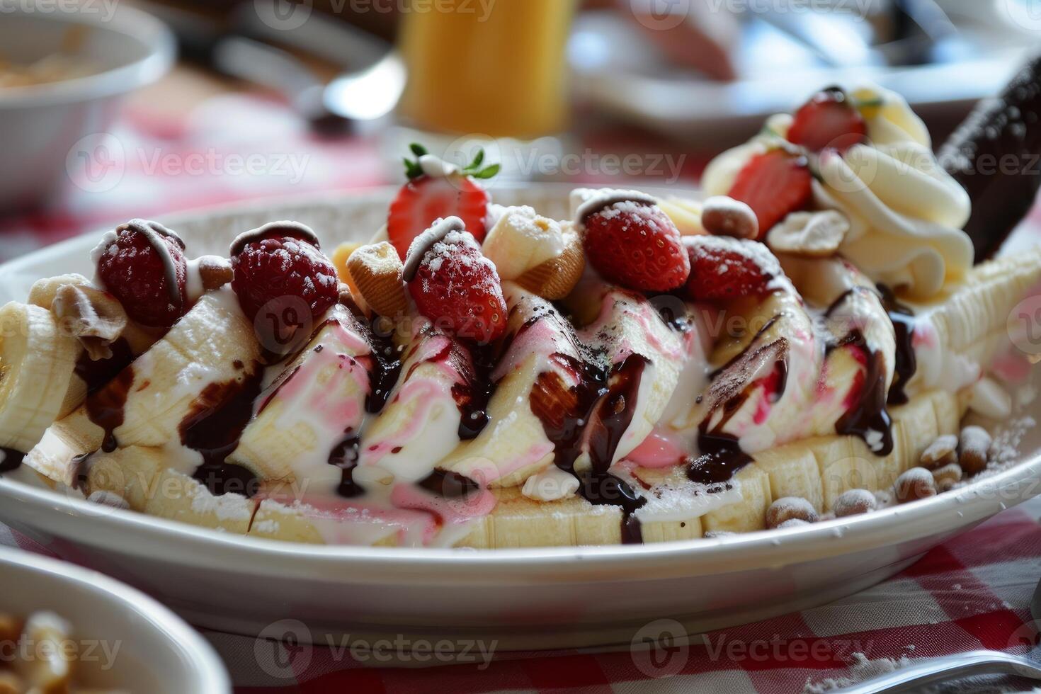 Delicious banana split covered in chocolate sauce, strawberries and whipped cream being served on table photo