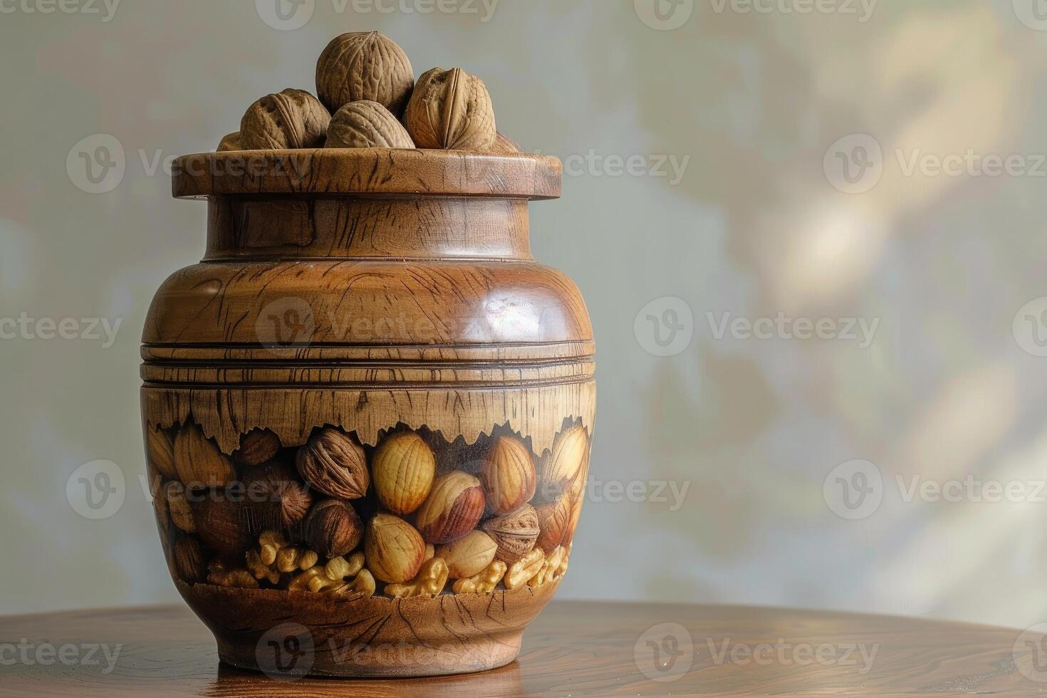 Wooden jar full of nuts sitting on a table photo