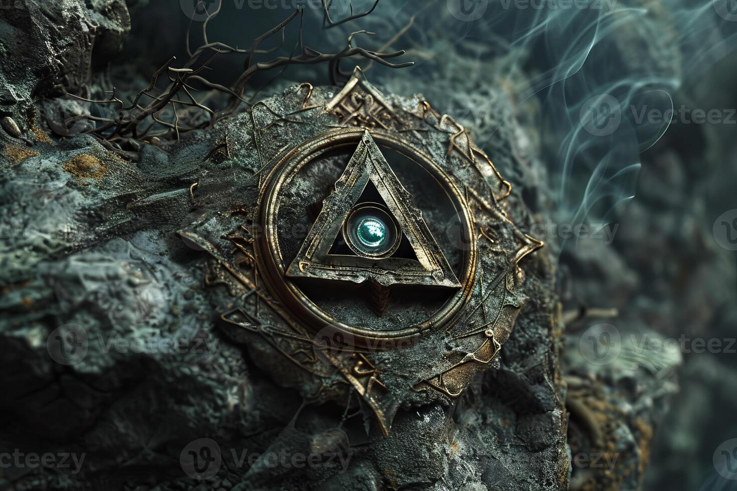 Ancient amulet with glowing orb resting on rock emitting smoke photo