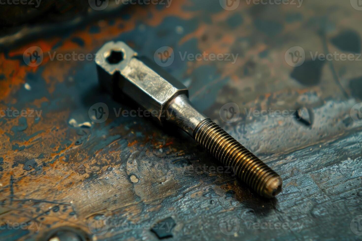 Large bolt lying on metal surface in workshop photo
