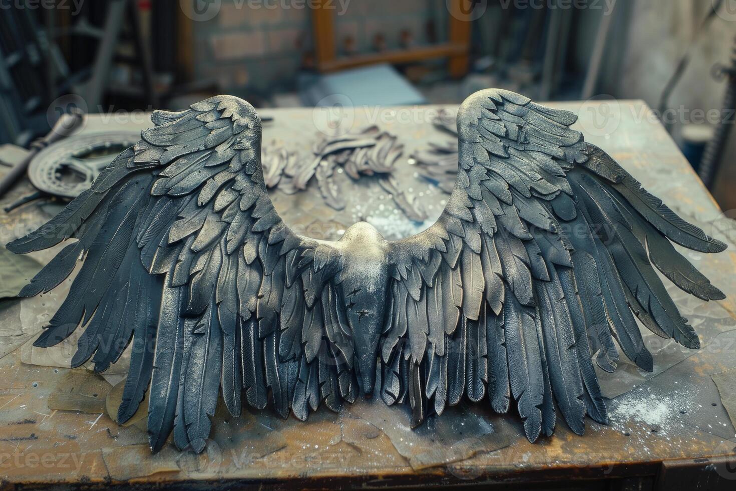Metal sculptor creating pair of black angel wings in workshop photo