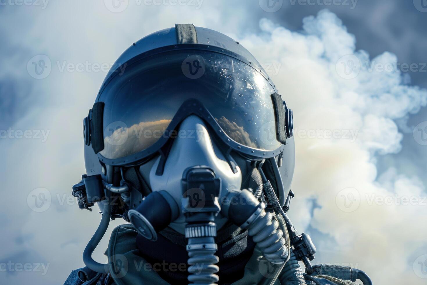 Fighter pilot wearing helmet and oxygen mask with smoke in background photo