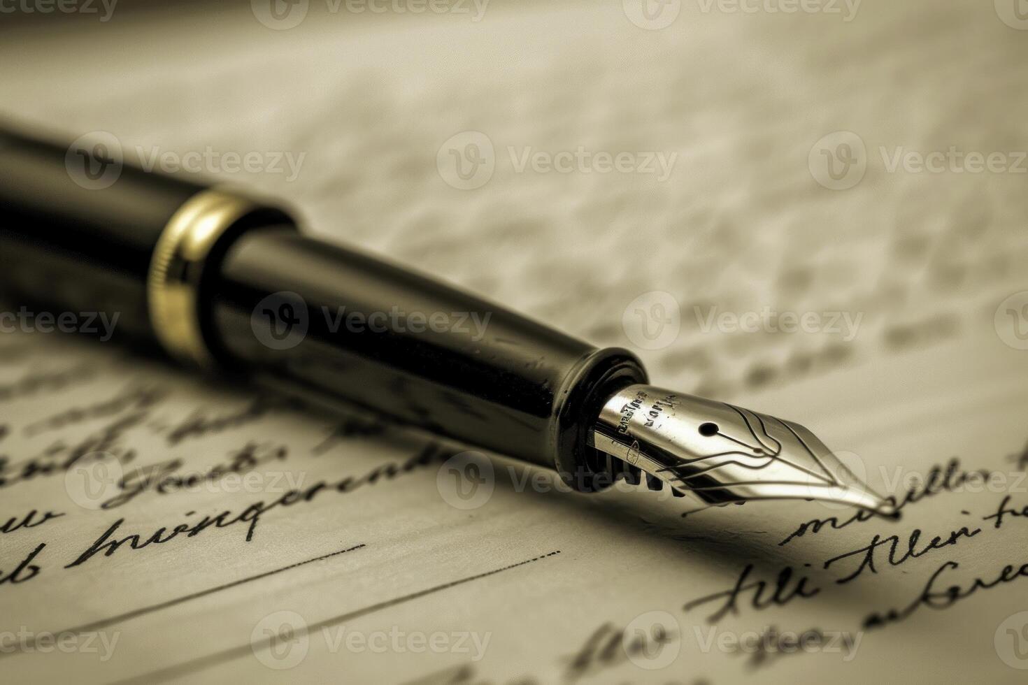 Elegant fountain pen lying on aged paper with handwriting photo