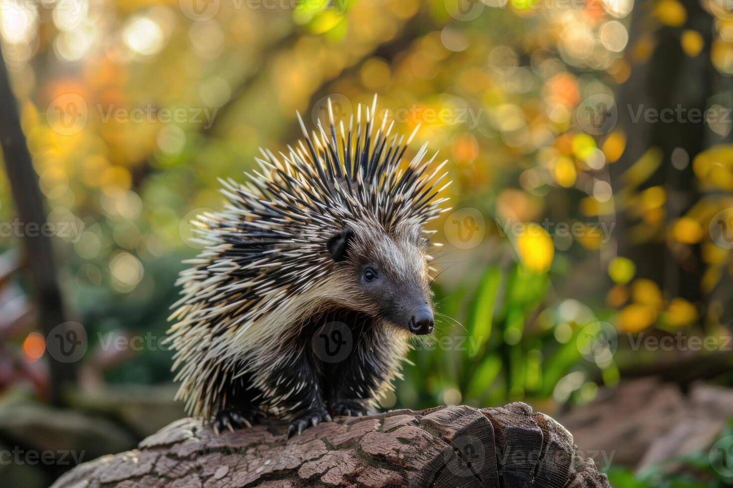 Indian crested porcupine standing on a log in a forest photo