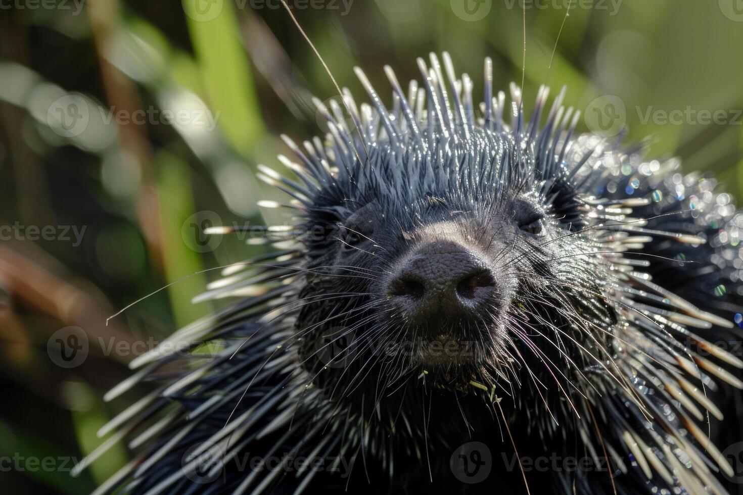 Wet north american porcupine looking out from the grass photo