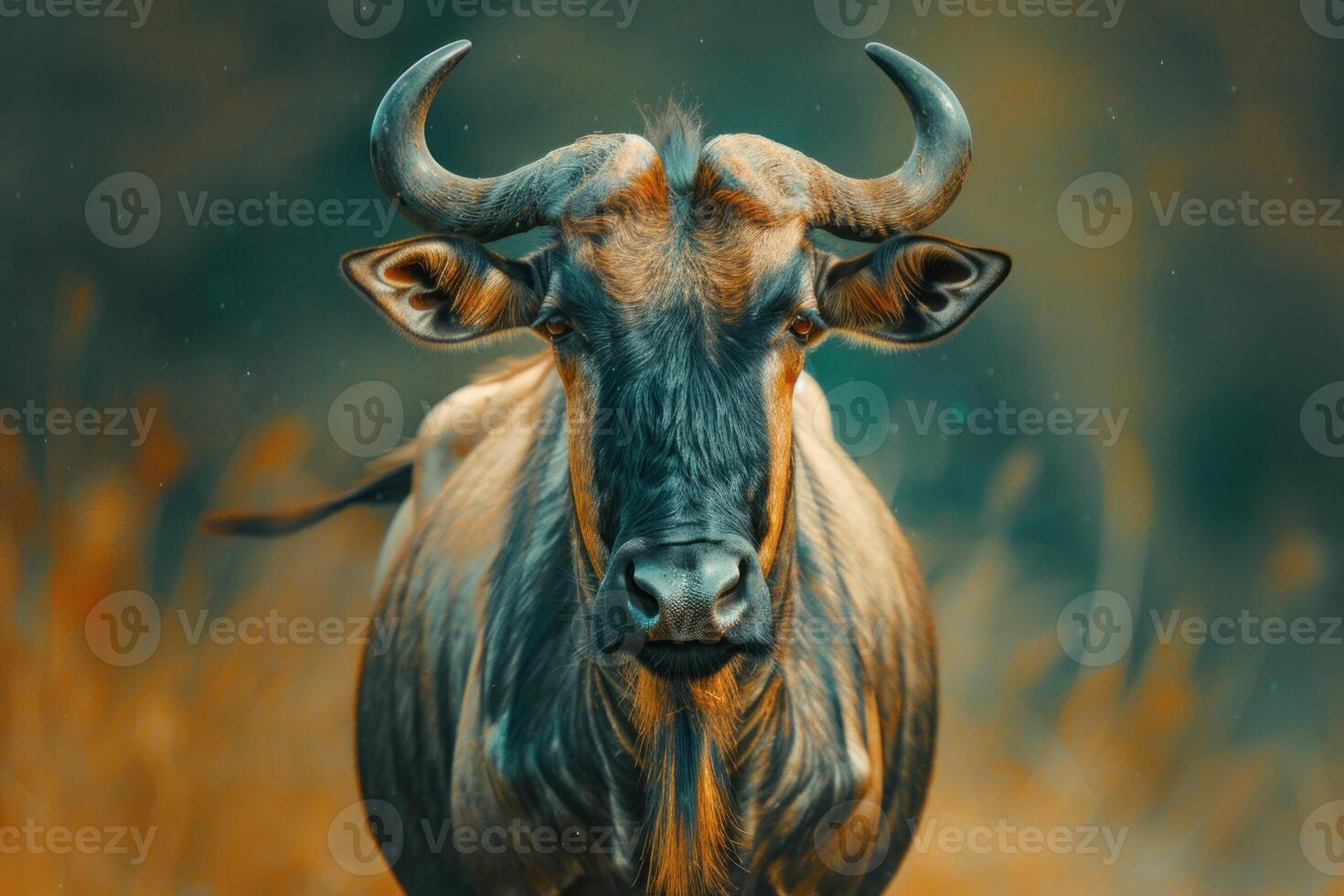 Wildebeest standing in the savanna, staring intently photo