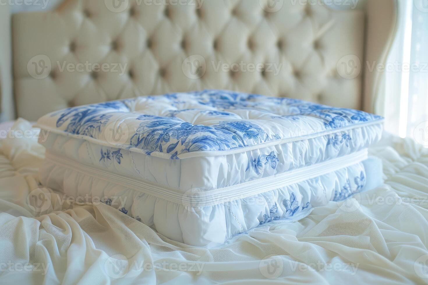 Comfortable mattress topper with floral pattern lying on bed in bedroom photo