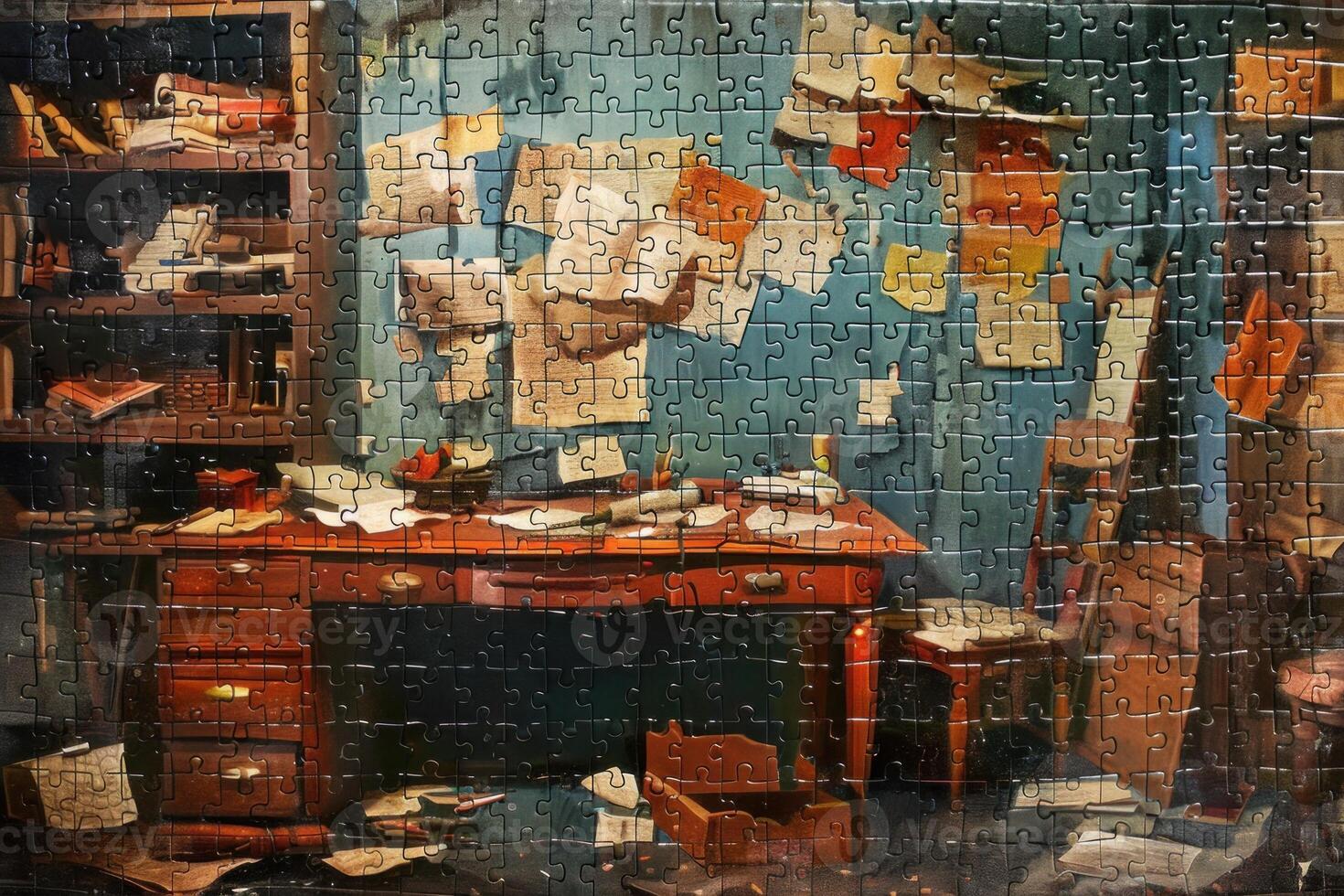 Jigsaw puzzle showing messy office with papers and files on desk and wall photo