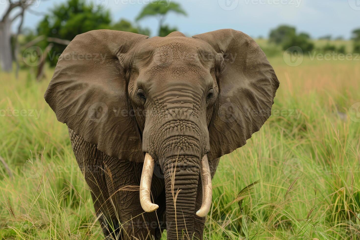 Large african elephant bull walking through tall grass photo