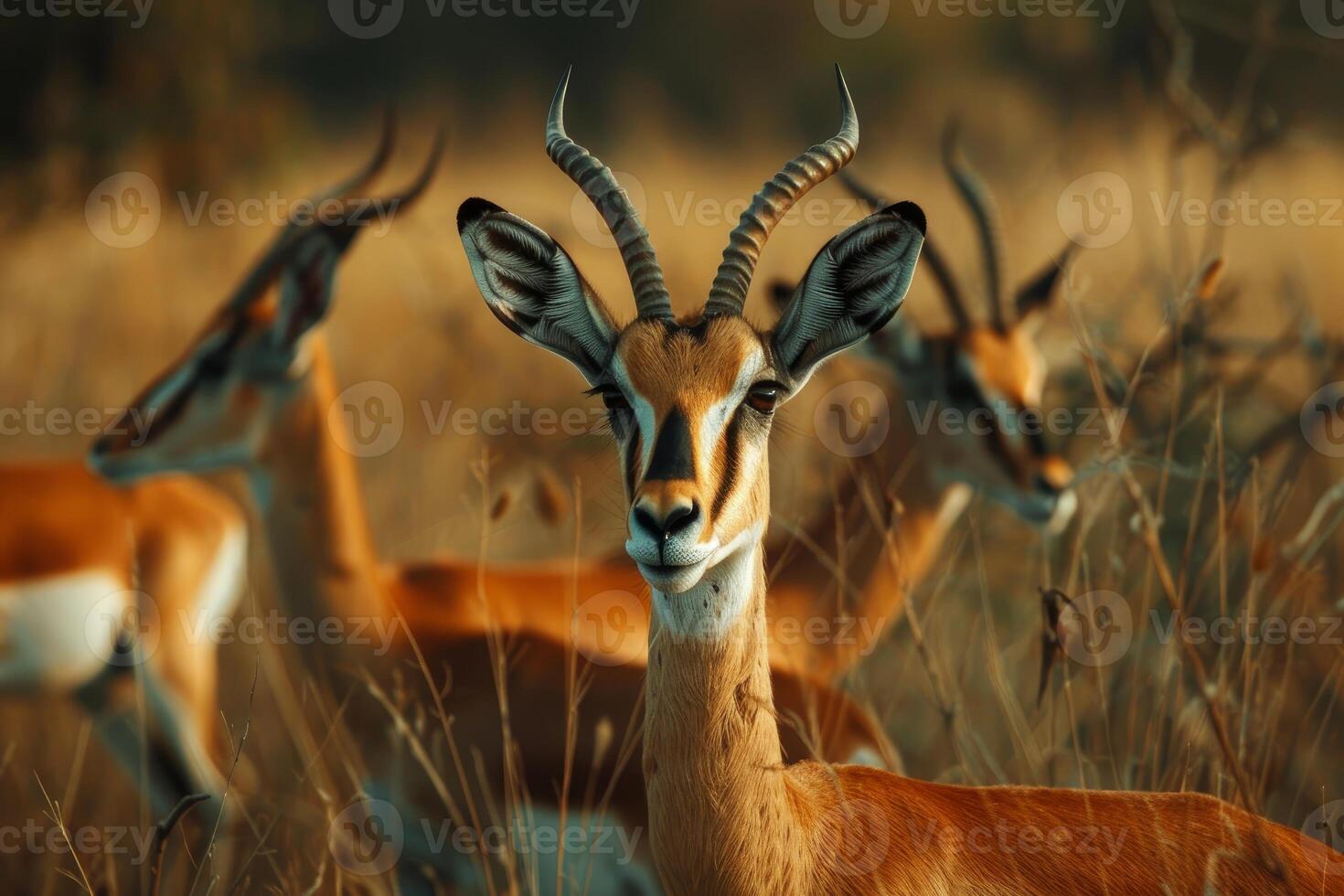 Impala standing in tall grass with other impalas out of focus in background photo