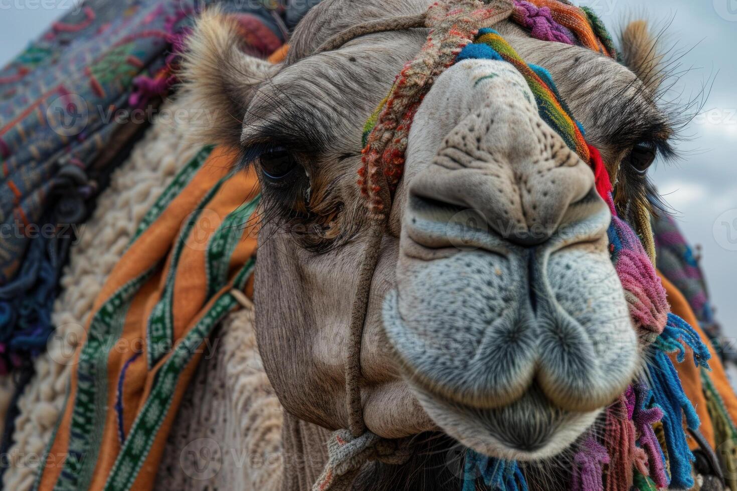 Camel wearing colorful harness posing for portrait photo