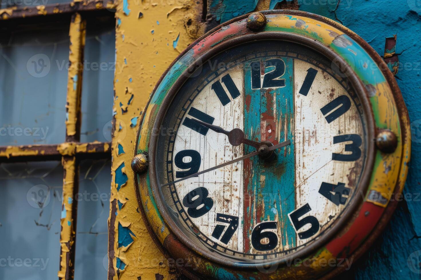 Vintage clock telling time on distressed wall showing aging and history photo