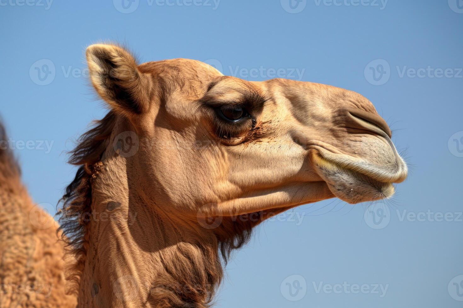 Camel standing in profile with blue sky photo