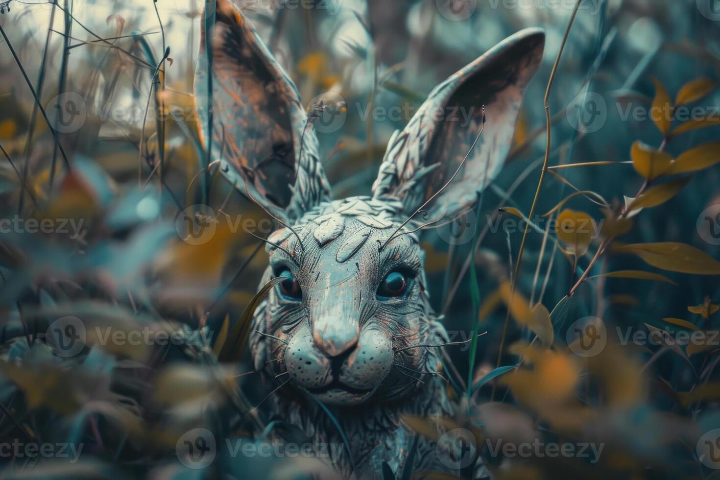 Stone rabbit hiding in the bushes looking around photo