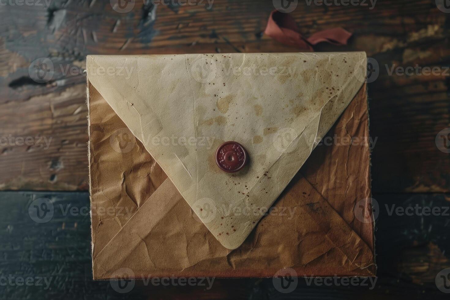 Old paper envelope with red wax seal lying on wooden table photo