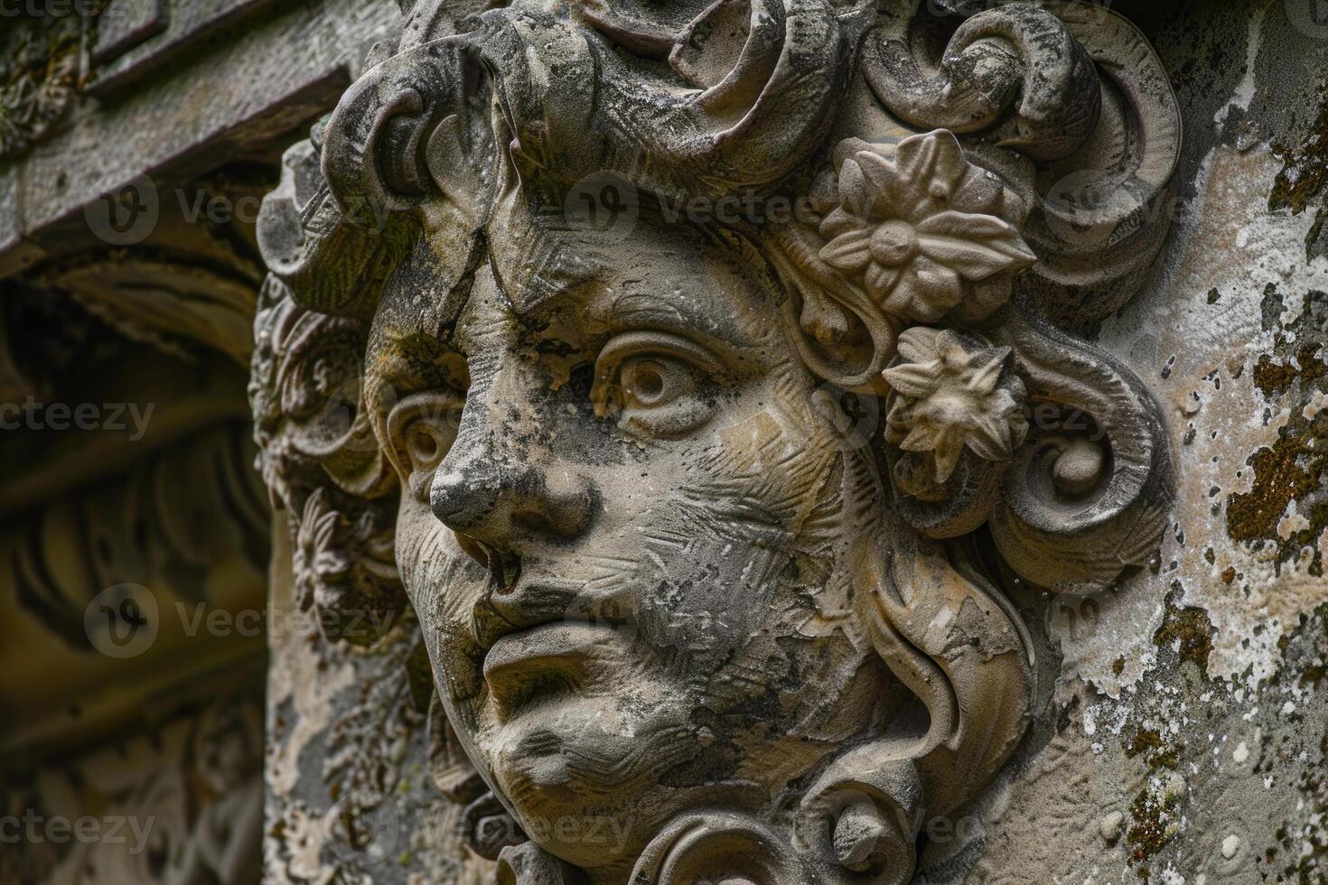 Ancient stone face showing the wear of time photo