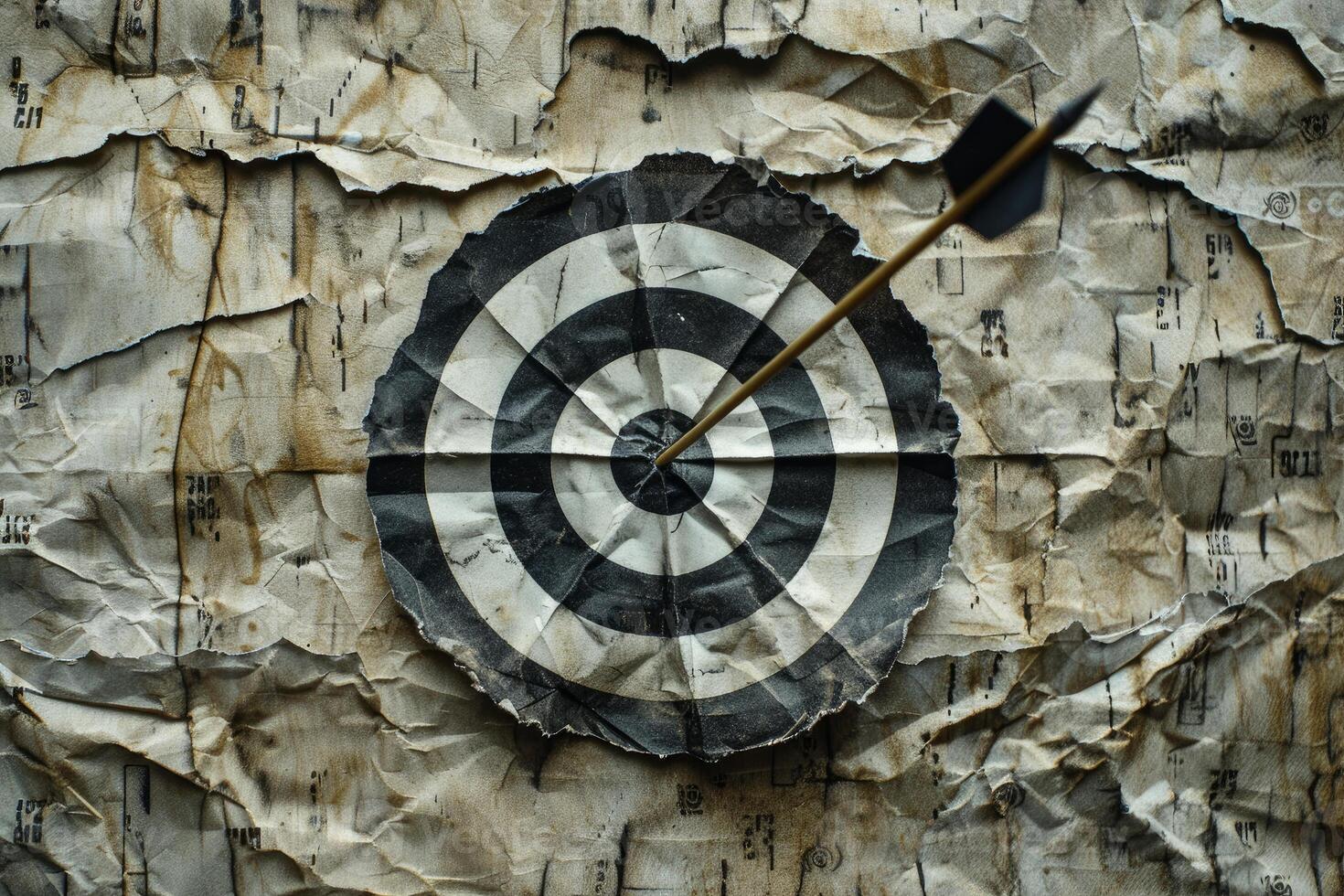 Arrow hitting the center of an old paper target on crumpled paper background photo