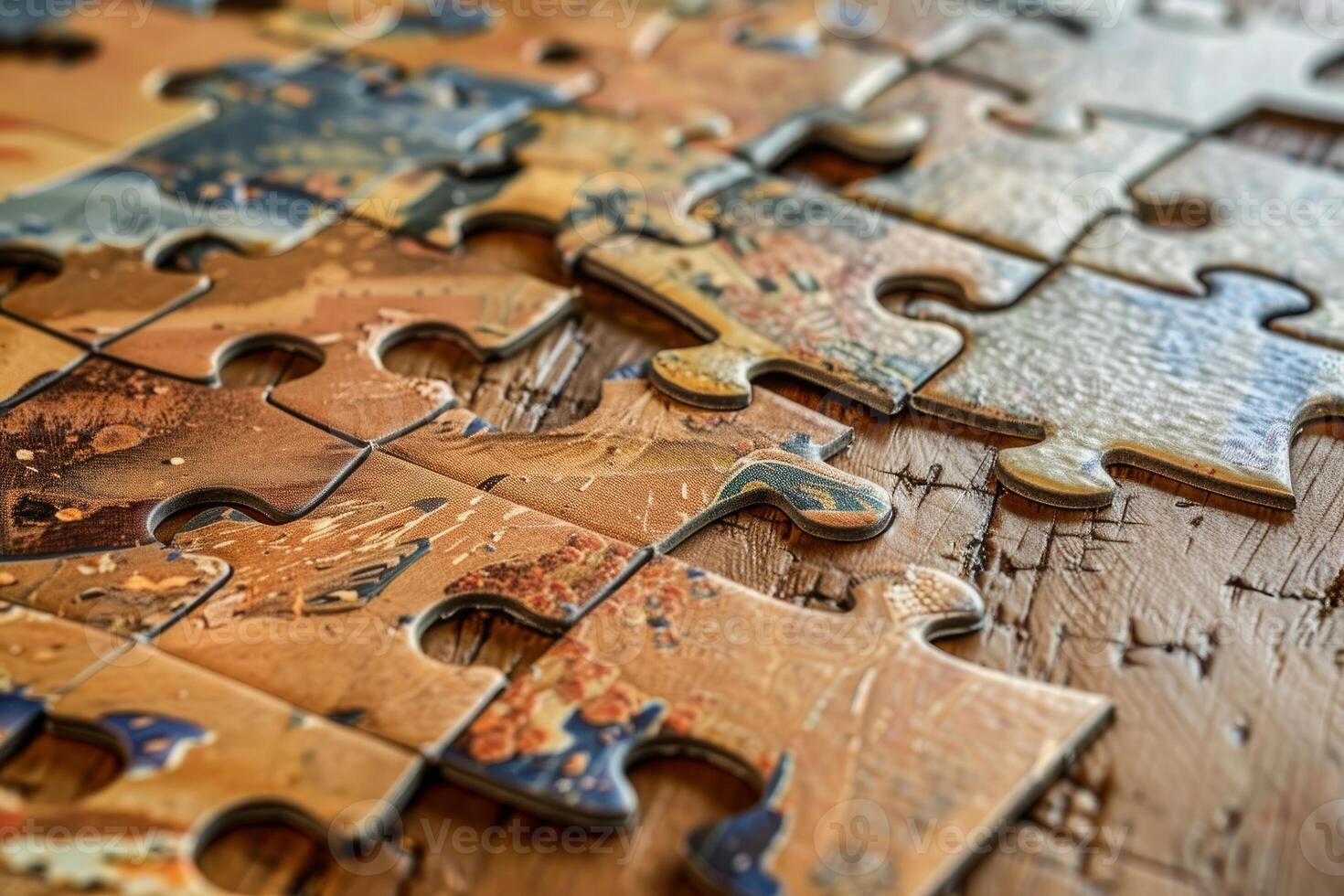 Puzzle pieces are laying on a table, creating a larger picture photo