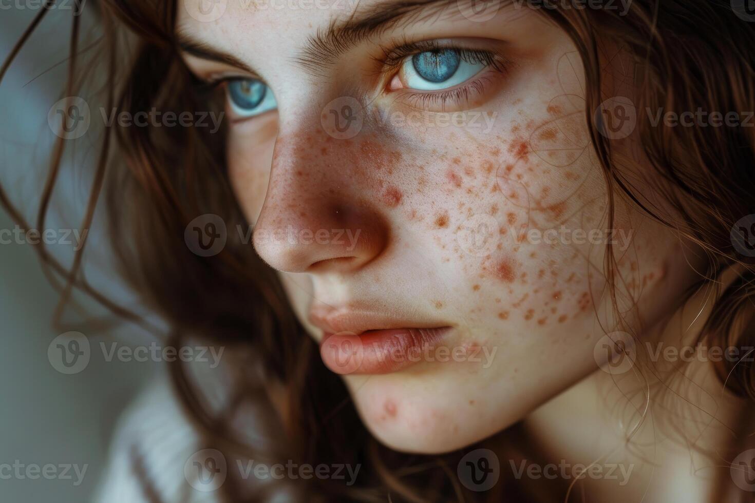 Young woman with freckles and acne showing her imperfect skin photo
